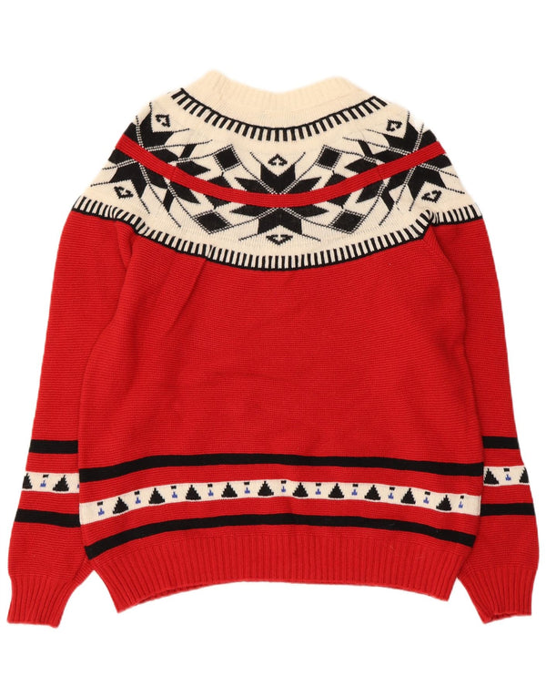 BENETTON Maglione da donna con scollo a barchetta UK 16 Large Red Fair Isle Wool