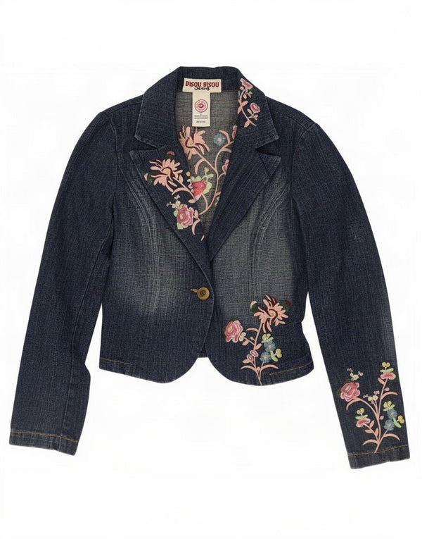 Giacca blazer da donna a 1 bottone corto Bisou UK 10 piccolo floreale blu