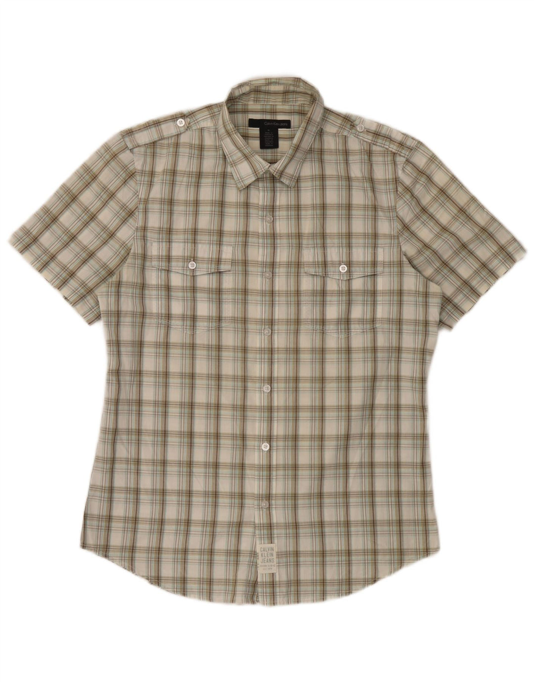 Camicia militare a maniche corte da uomo Calvin Klein Jeans a quadri beige medio
