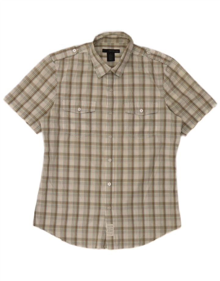 Camicia militare a maniche corte da uomo Calvin Klein Jeans a quadri beige medio