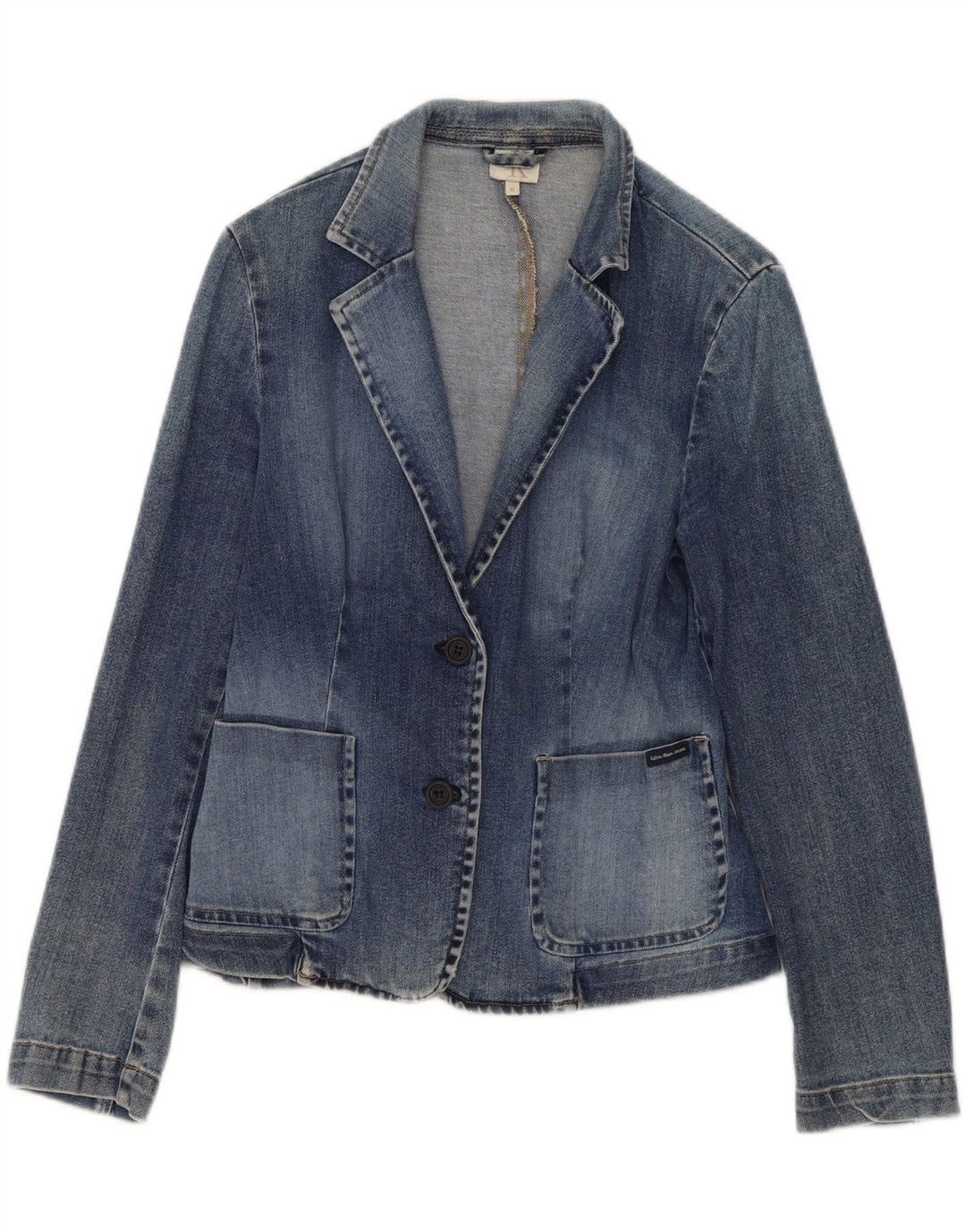 Giacca blazer in denim a 2 bottoni da donna Calvin Klein UK 12 cotone blu medio