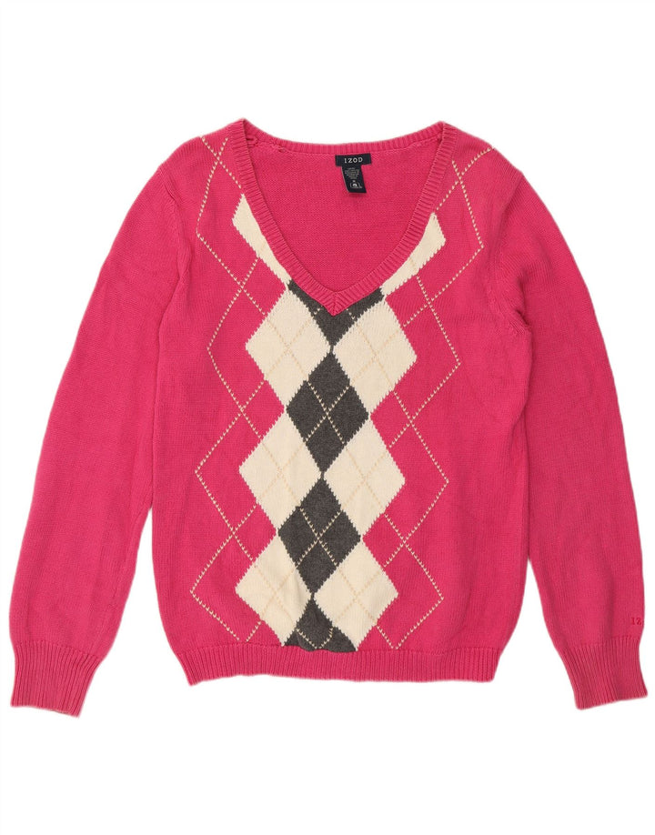 Maglione da donna con scollo a V Izod, rosa medio, cotone a rombi/diamante