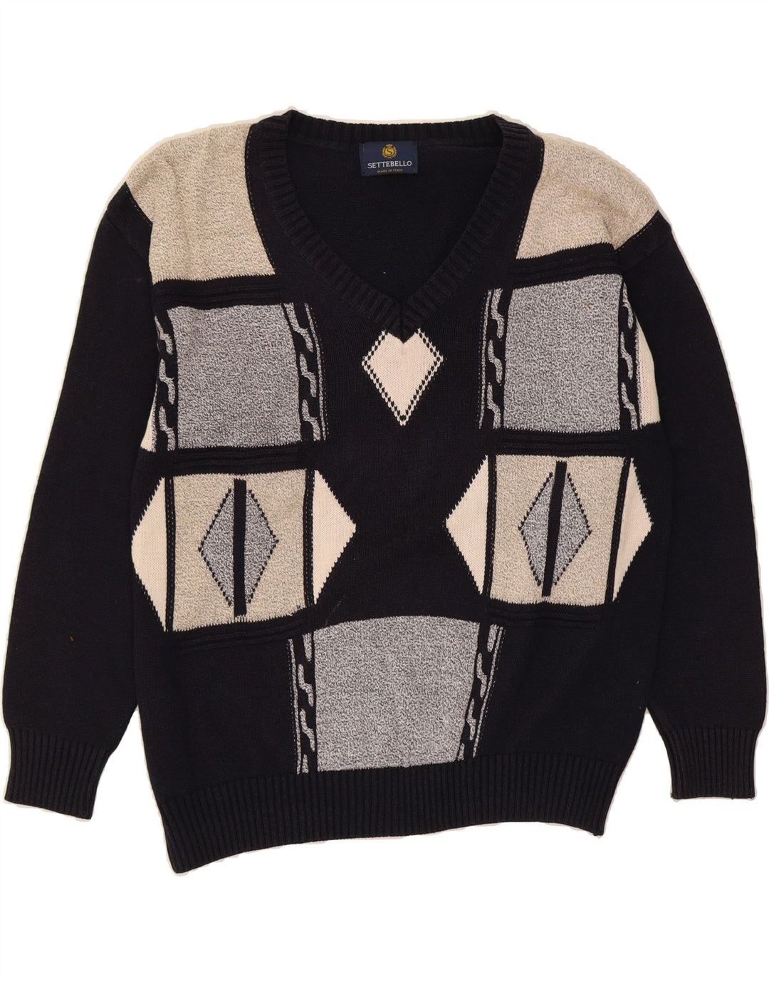SETTEBELO Mens V-Neck Jumper Sweater Large Navy Blue Argyle/Diamond Cotton Vintage Settebelo and Second-Hand Settebelo from Messina Hembry 