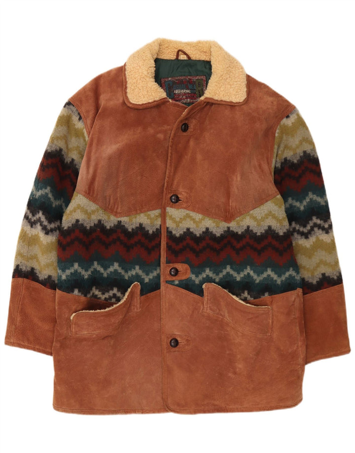 Cappotto vintage da uomo in pelle scamosciata scamosciata EU 50 grande pelle geometrica marrone