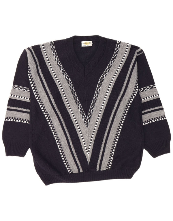 Maglione vintage da uomo con scollo a V, grande in poliacrilico a strisce blu navy