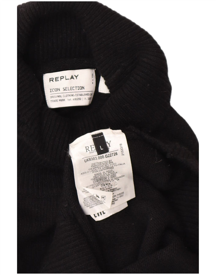 REPLAY Maglione maglione da donna con collo alto UK 14 grande lana nera