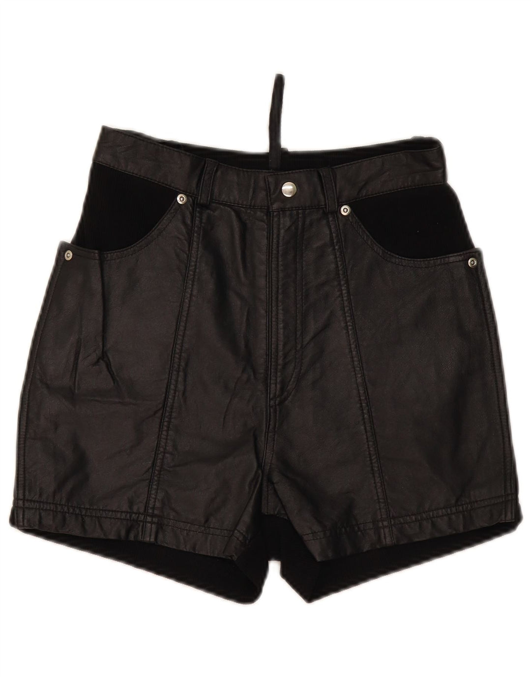 Pantaloncini in pelle vintage da donna UK 10 piccoli W26 in pelle nera