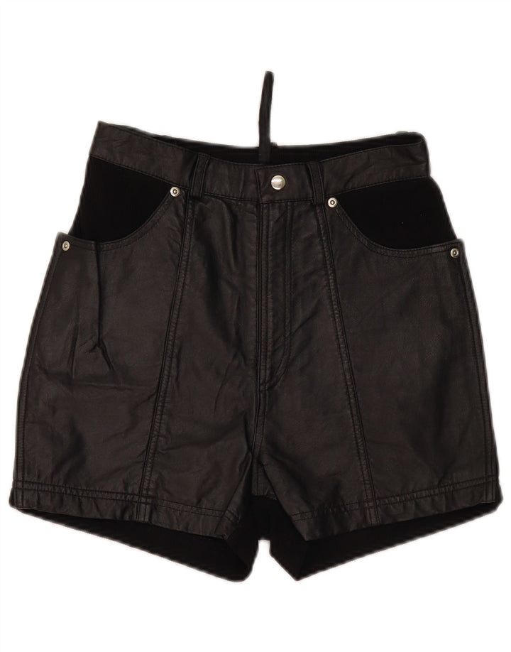 Pantaloncini in pelle vintage da donna UK 10 piccoli W26 in pelle nera