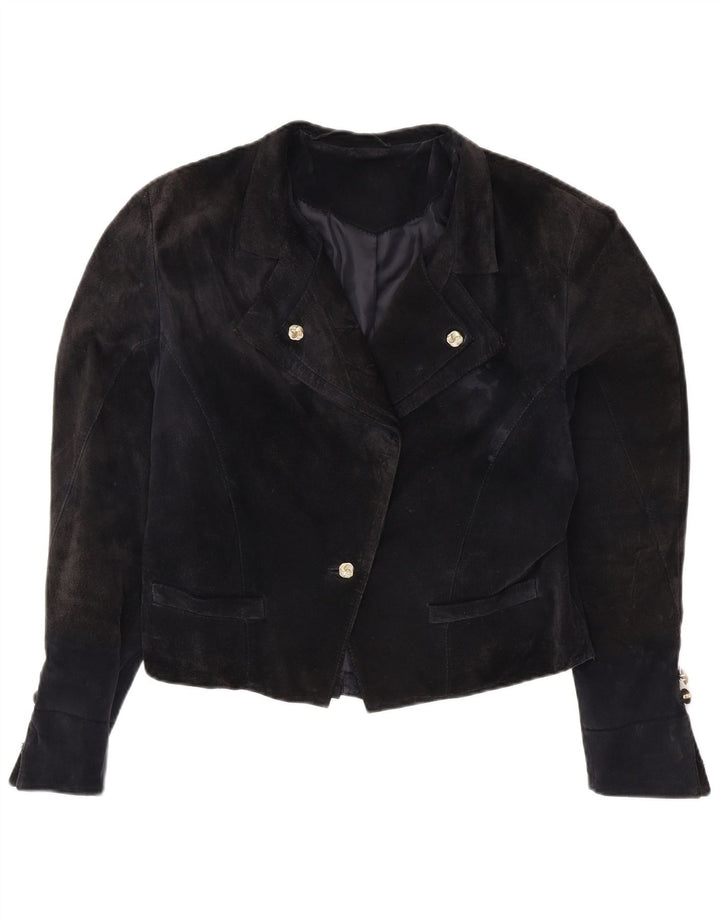 Giacca blazer corta da donna a 1 bottone VINTAGE UK 14 viscosa blu navy medio