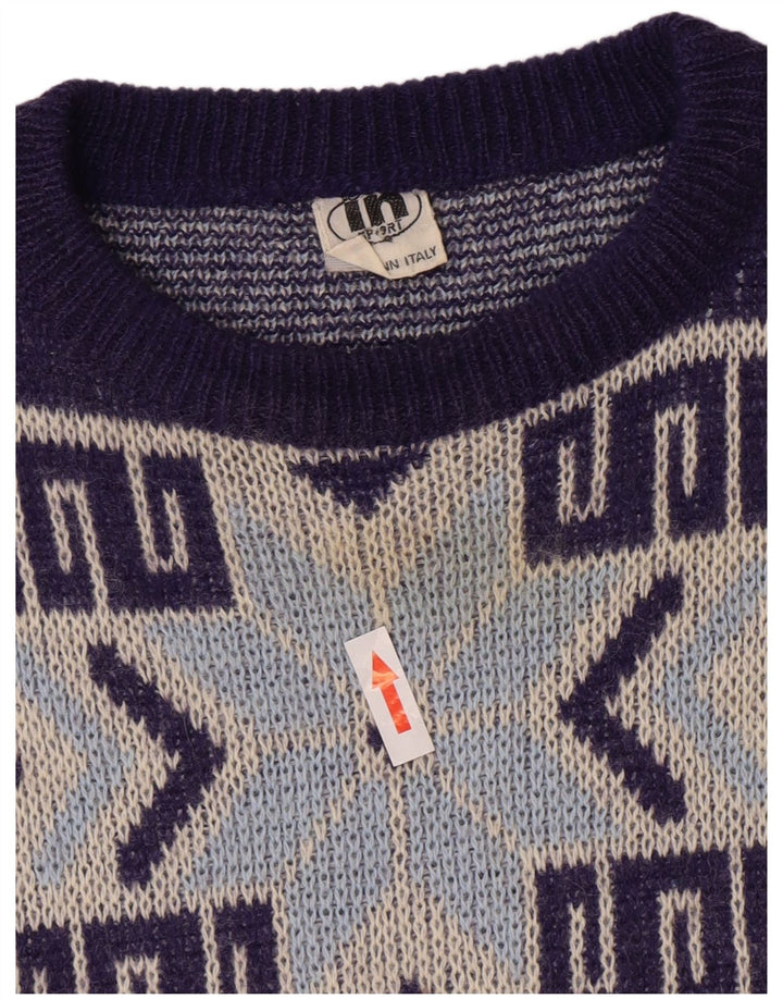 Maglione maglione girocollo da uomo vintage medio blu navy geometrico