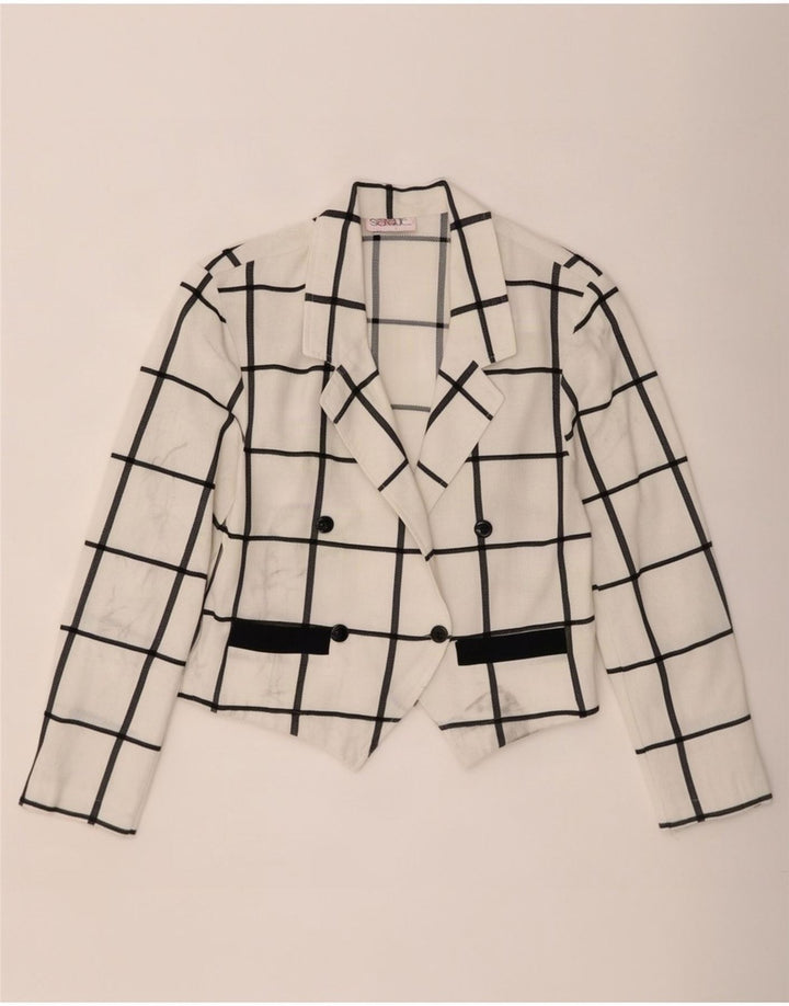 Giacca blazer doppiopetto vintage da donna corta EU 40 medio bianco a quadri