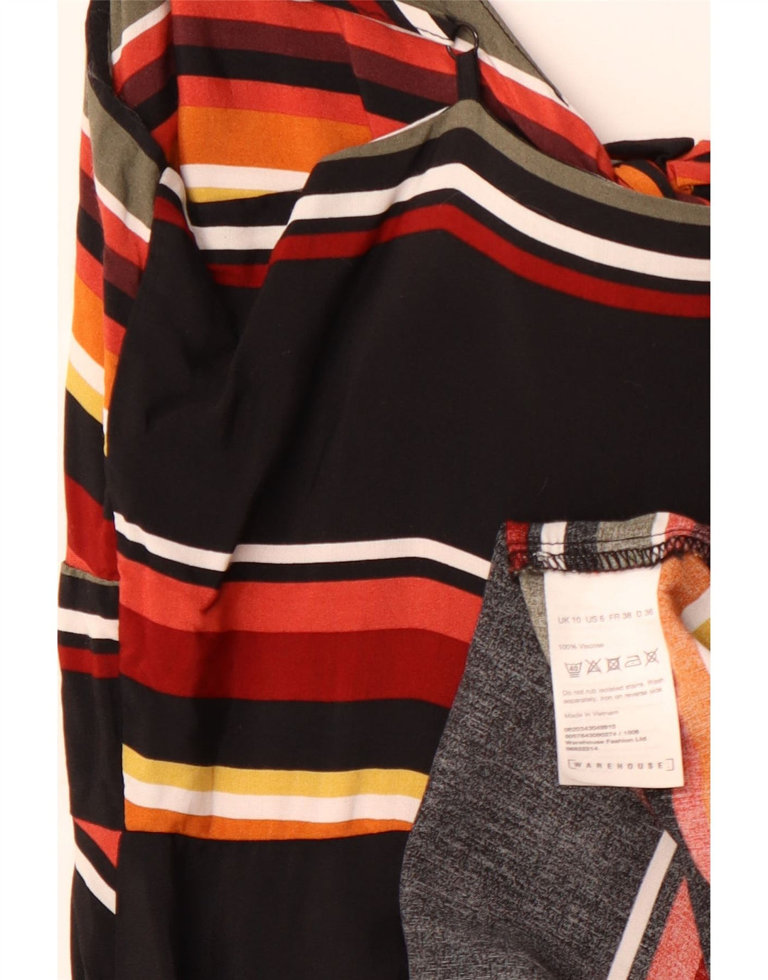 WAREHOUSE Vestito estivo da donna con cravatta sul davanti UK 10 Piccolo in viscosa a righe nere
