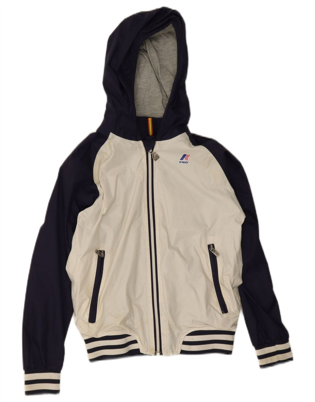 Giubbotto bomber con cappuccio K-Way da ragazzo 9-10 anni in nylon color block blu navy