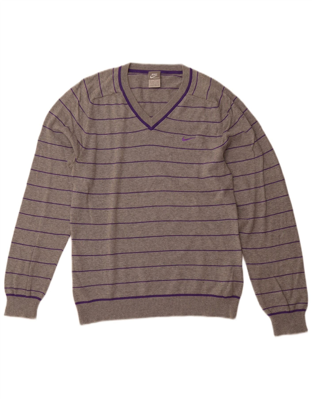 Maglione maglione con scollo a V da uomo NIKE UK 38/40 cotone a righe grigio medio
