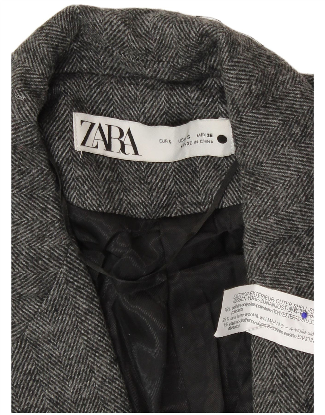 Giacca blazer a 1 bottone da donna Zara UK 10 piccola poliestere grigio a spina di pesce