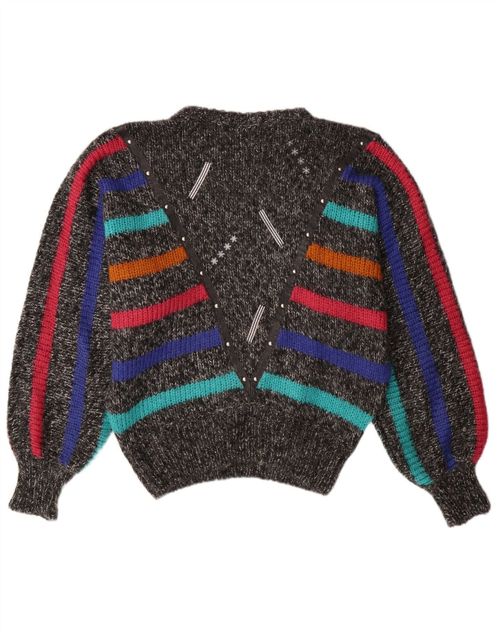 Maglione maglione girocollo a pipistrello da donna VINTAGE UK 14 grigio medio a righe