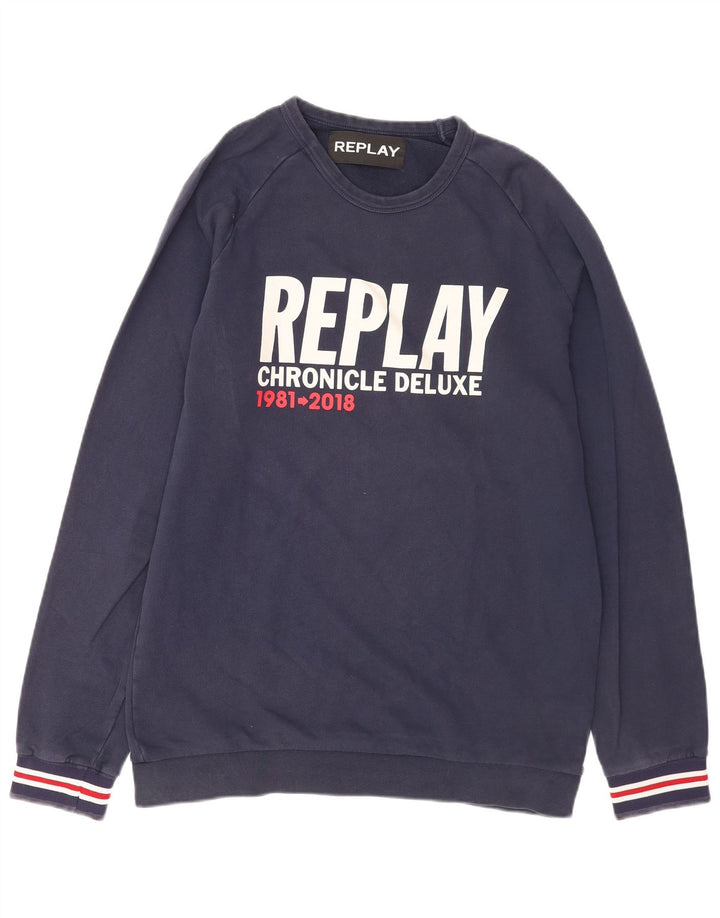 Felpa grafica da uomo Replay Jumper XL in cotone blu navy