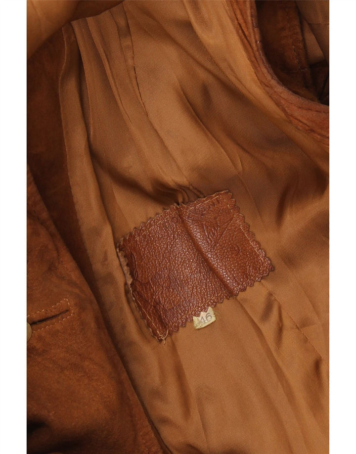 Soprabito senza maniche in pelle scamosciata vintage da donna IT 46 grande in pelle marrone