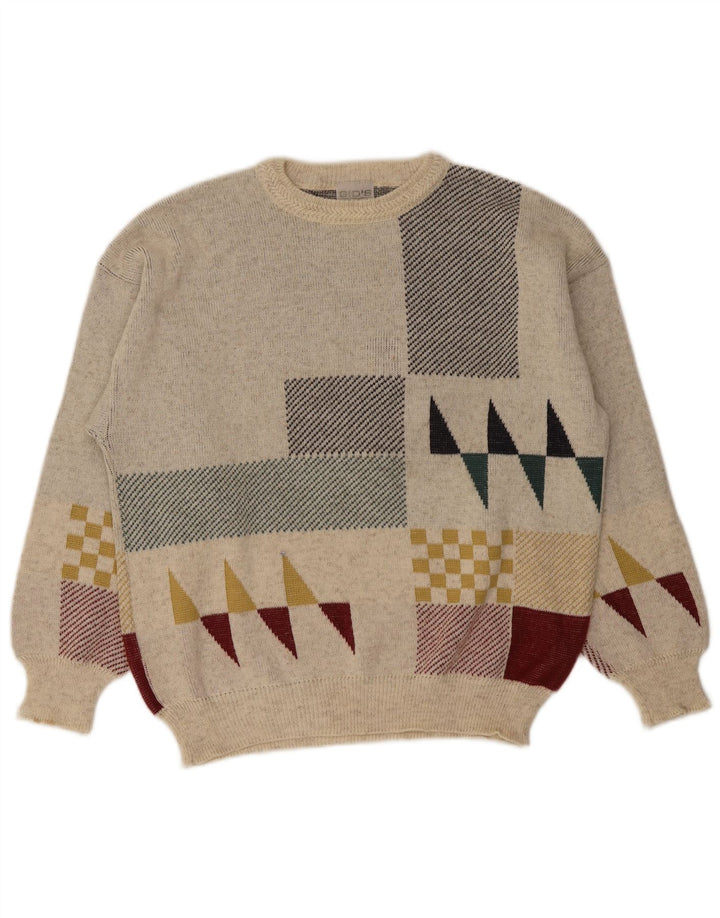Maglione girocollo da uomo vintage IT 48 Lana geometrica bianco sporco medio