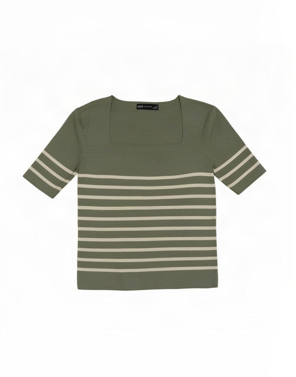 T-shirt corta da donna Marks & Spencer UK 10 piccola in viscosa a righe kaki