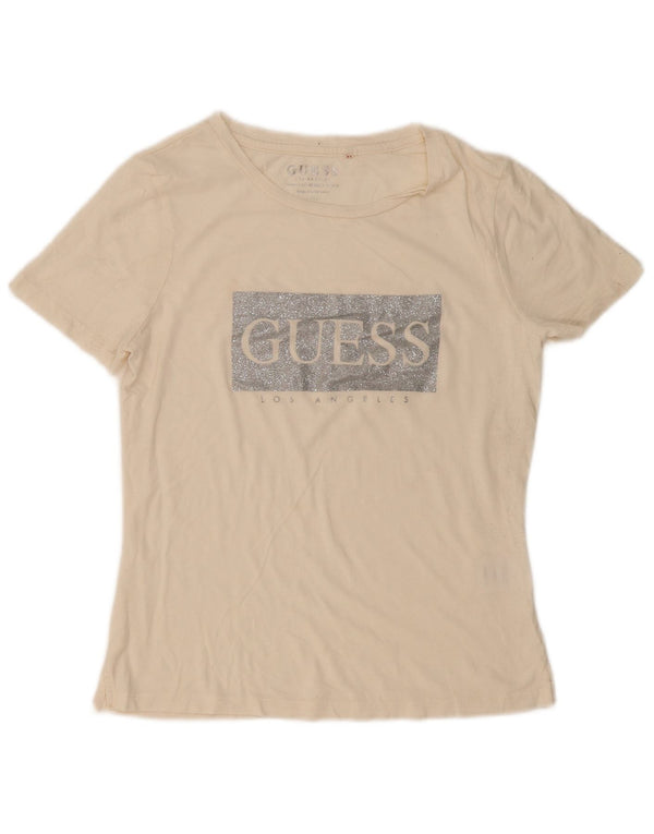 Guess T-shirt grafica da donna vestibilità ampia UK 10 Small Cotone bianco sporco