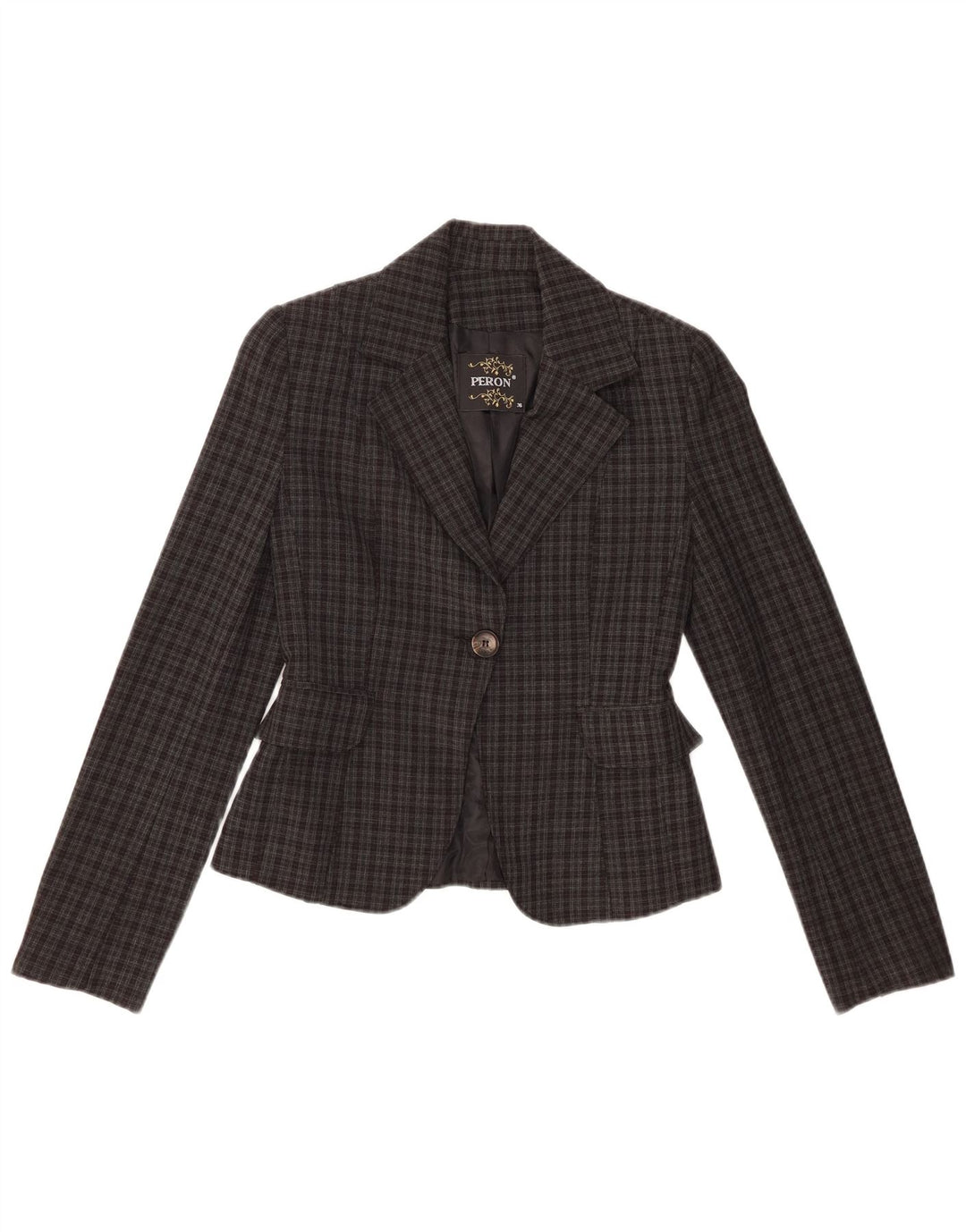 Giacca blazer vintage da donna a 1 bottone EU 36 piccolo poliestere a quadri grigio