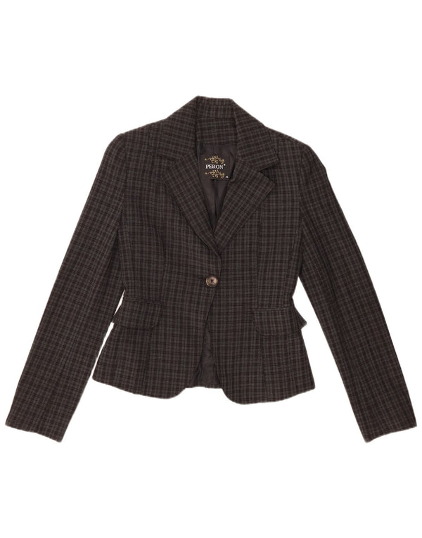 Giacca blazer vintage da donna a 1 bottone EU 36 piccolo poliestere a quadri grigio