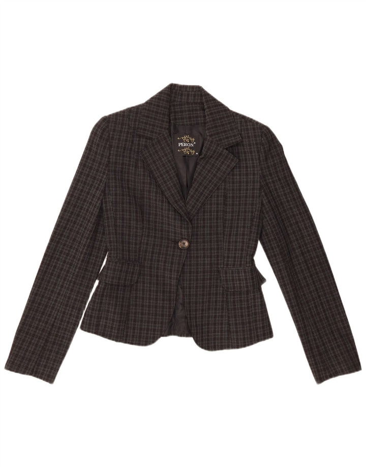 Giacca blazer vintage da donna a 1 bottone EU 36 piccolo poliestere a quadri grigio