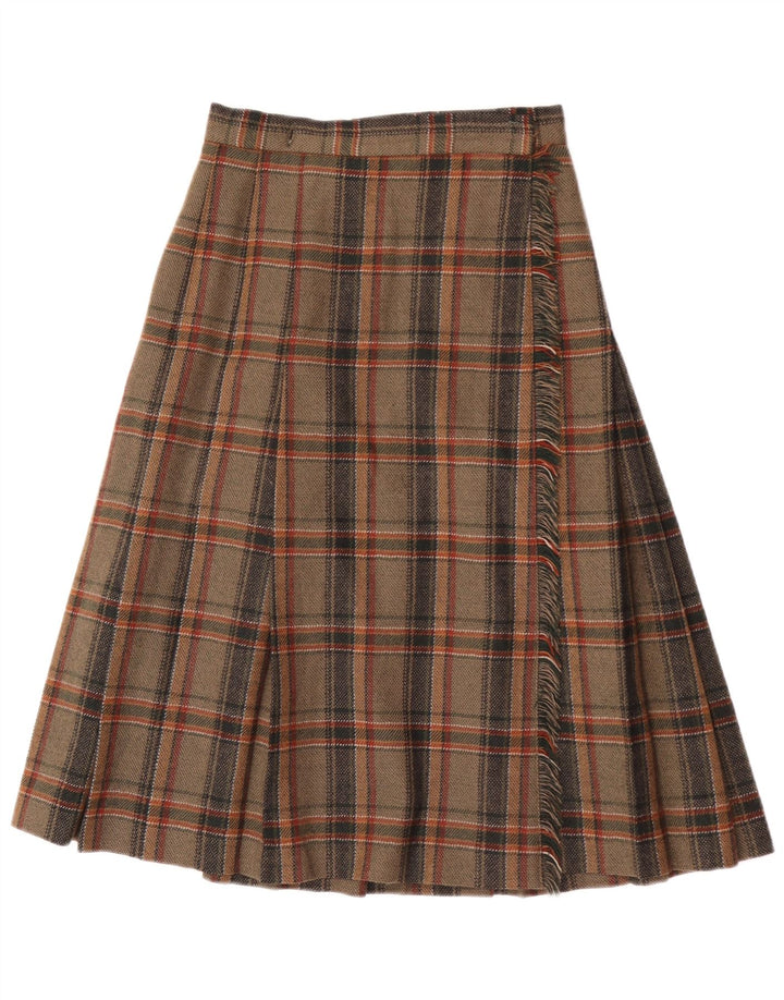 Gonna a portafoglio midi da donna vintage IT 40 piccola W24 lana scozzese marrone