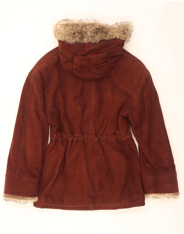 Giacca vintage da donna in pelle scamosciata con cappuccio IT 42 in pelle marrone medio