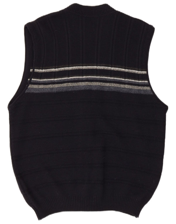 Maglione cardigan senza maniche vintage da uomo grande acrilico a strisce blu navy