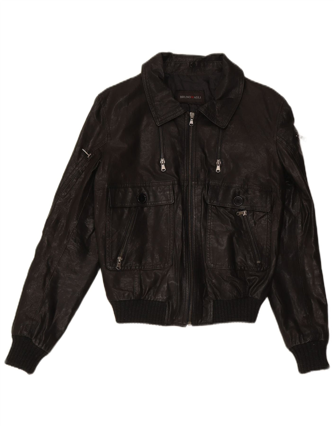 BRUNO MAGLI Womens Leather Bomber Jacket IT 46 Large Black Leather