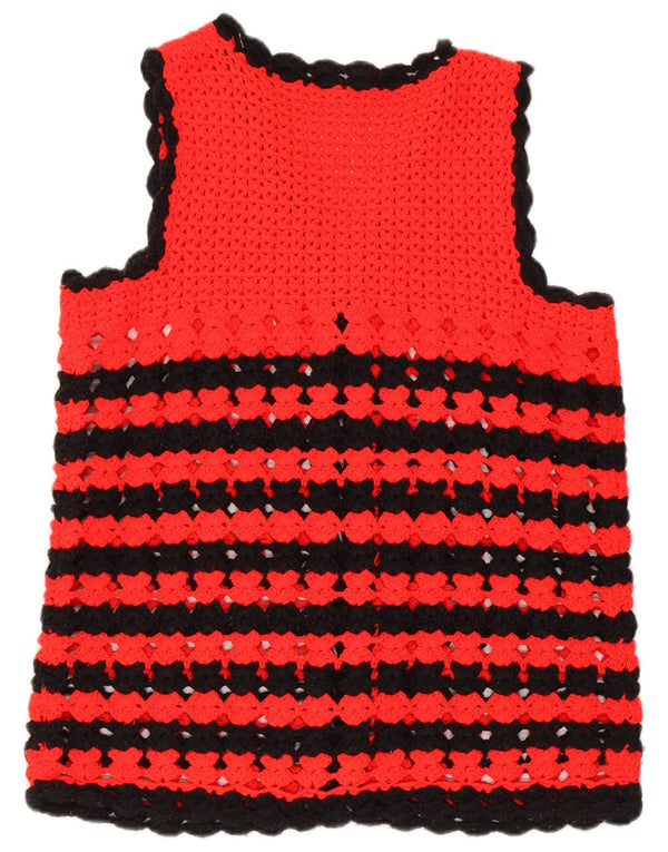 Maglione cardigan senza maniche vintage da donna UK 14 retrò a righe rosse medie
