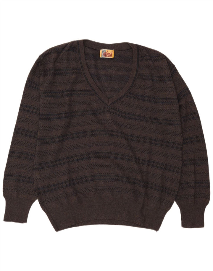 Maglione da uomo con scollo a V irlandese, lana a righe grandi color kaki