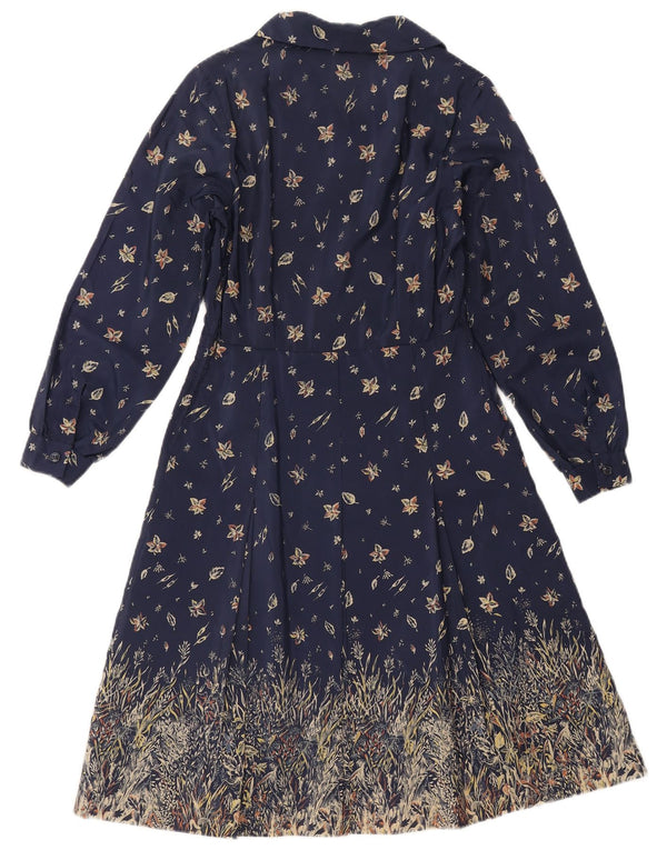 Abito a trapezio a maniche lunghe da donna vintage UK 12 medio blu navy floreale