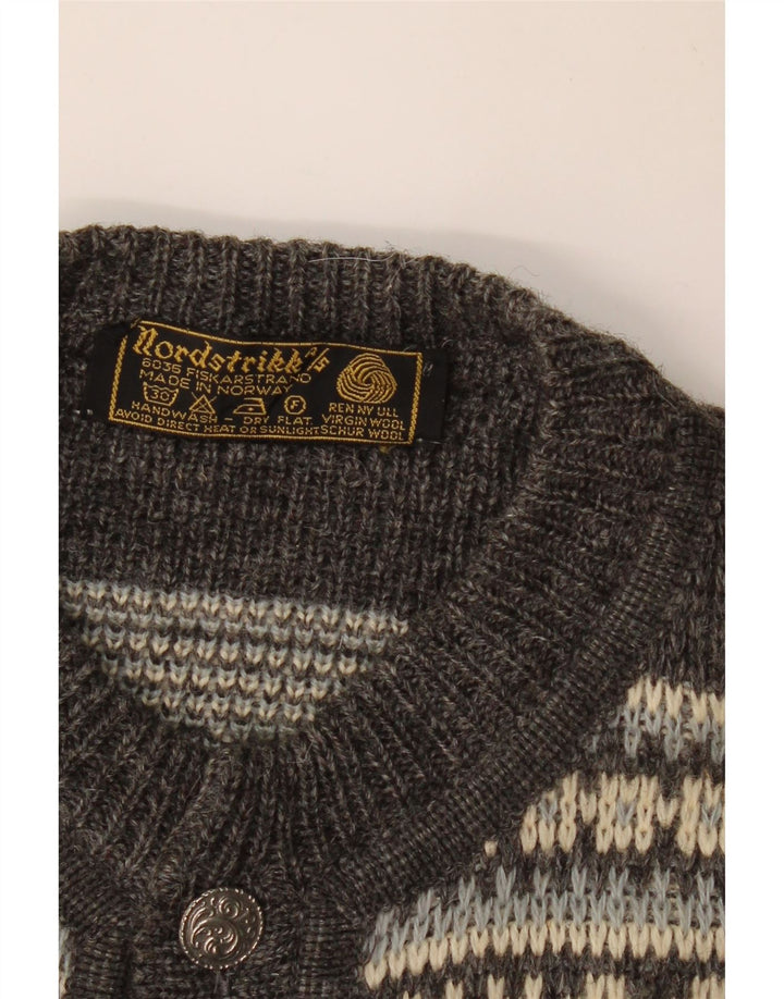 NORDSTRIKK Maglione cardigan da uomo piccolo grigio Fair Isle in lana vergine