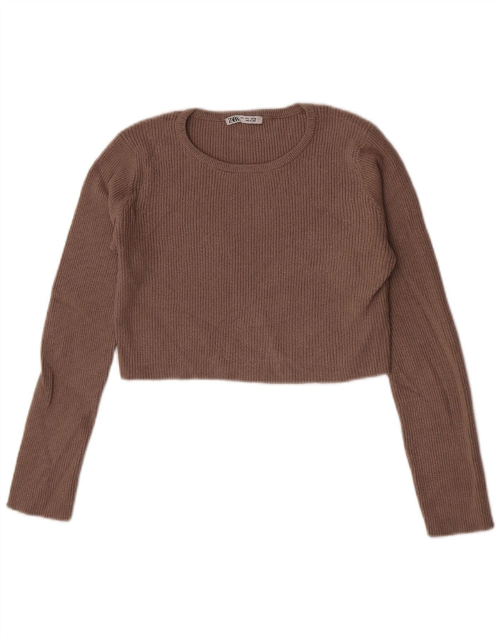 ZARA Top Corto da Donna a Maniche Lunghe UK 14 Large Marrone Viscosa