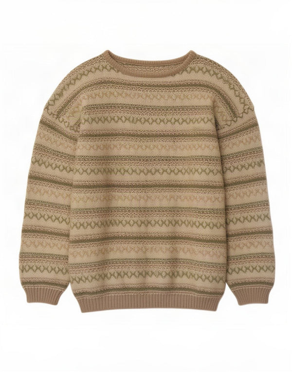 Vintage Womens Boat Neck Jumper Sweater UK 16 Large Beige Geometric Cotton