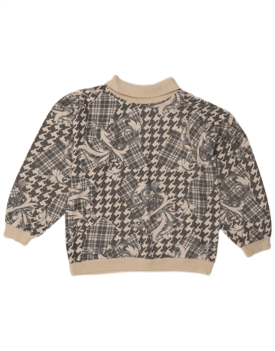 Maglione vintage da donna con collo a polo UK 18 XL Patchwork grigio