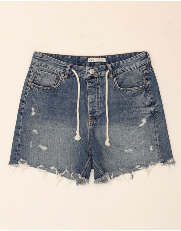 Pantaloncini in denim invecchiato da donna Zara EU 42 Large W32 cotone blu
