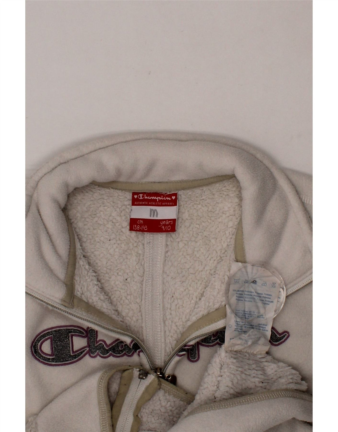 CHAMPION Girls Graphic Fleece Jacket 9-10 Years Medium Off White Polyester Vintage Champion and Second-Hand Champion from Messina Hembry 
