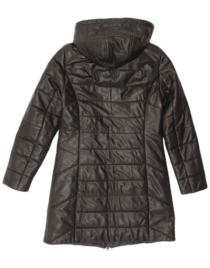 Cappotto imbottito in pelle con cappuccio da donna Maddox UK 12 Medio in pelle nera