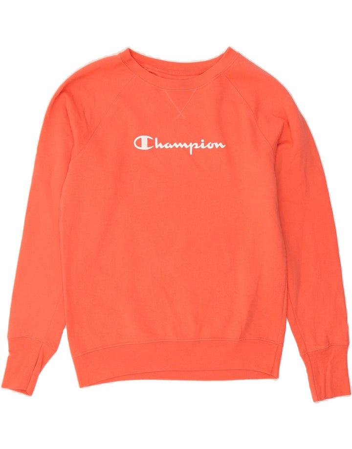 CHAMPION Womens Graphic Sweatshirt Jumper UK 14 Medium Orange Polyester Vintage Champion and Second-Hand Champion from Messina Hembry 