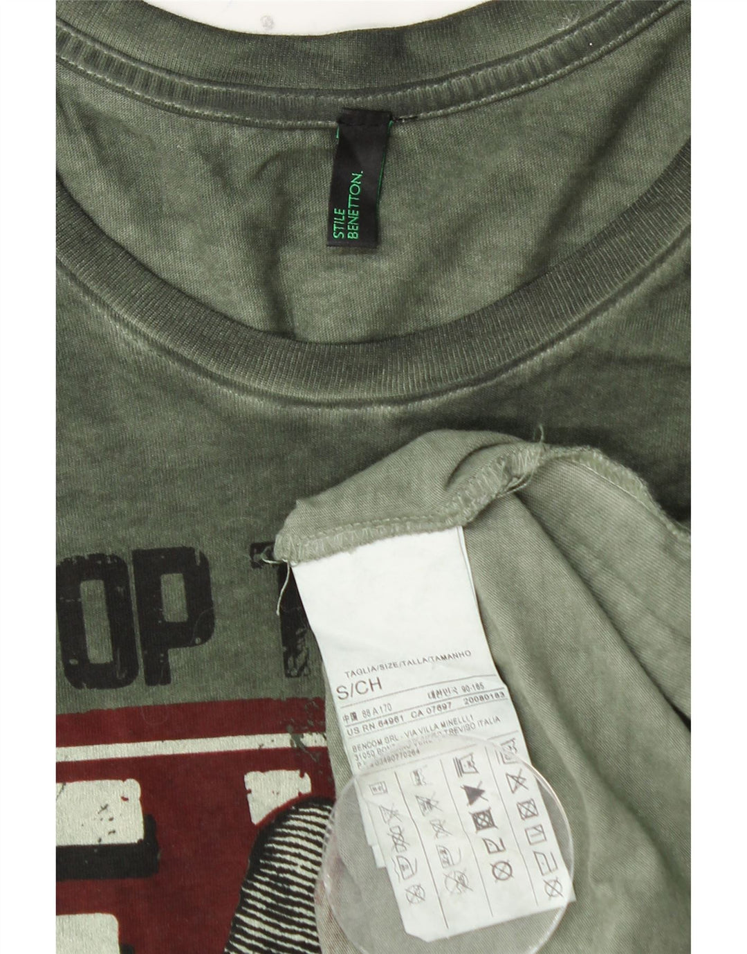 BENETTON Top grafico da uomo a maniche lunghe piccolo in cotone verde