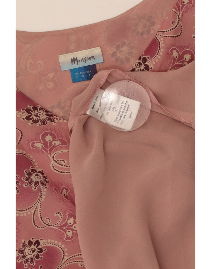 MONSOON Abito lungo senza maniche da donna UK 10 Piccolo seta floreale rosa
