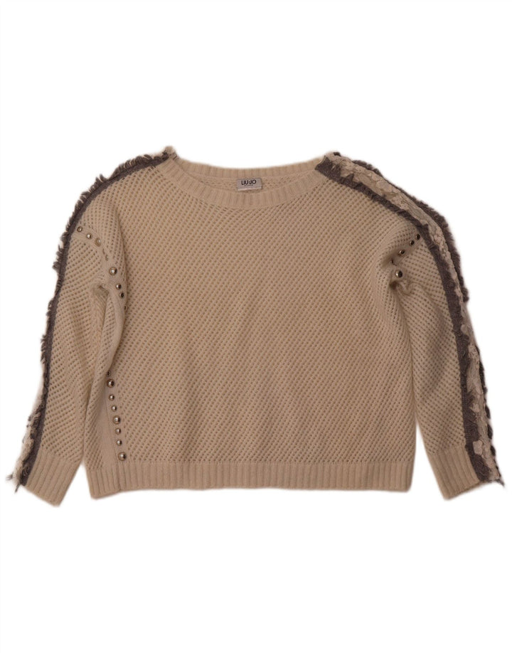 LIU JO Maglione da donna con scollo a barca all'uncinetto corto UK 12 Bianco medio