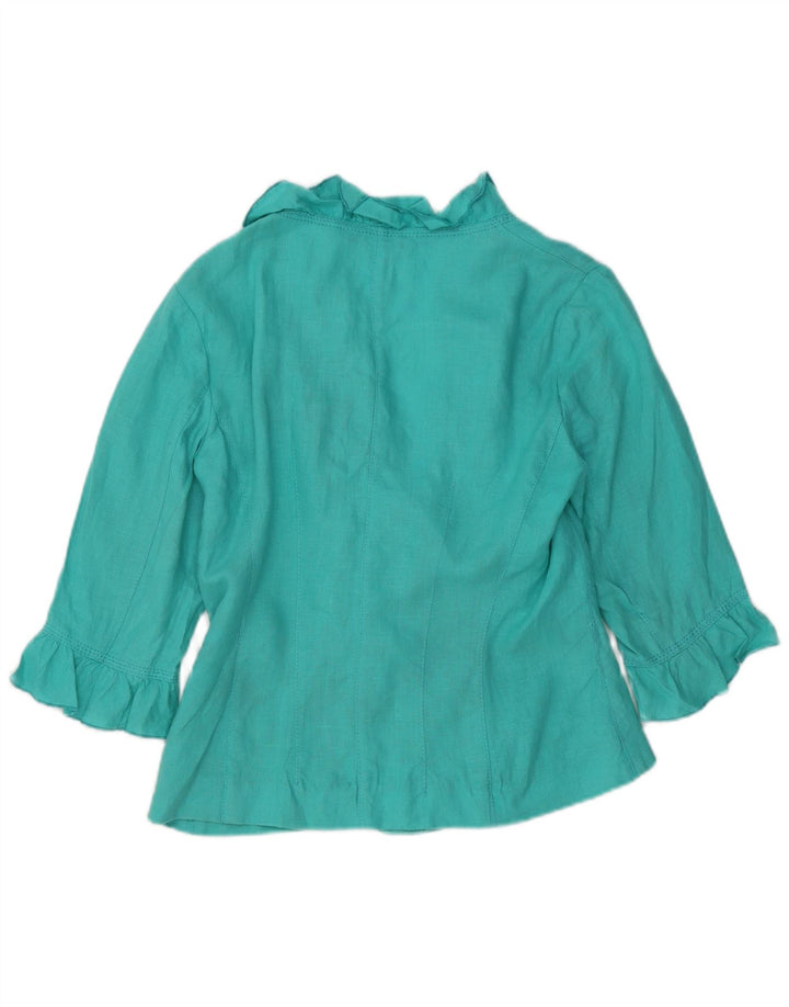 ZARA Womens Ruffle Front 3/4 Sleeve Blouse Top UK 12 Medium Turquoise