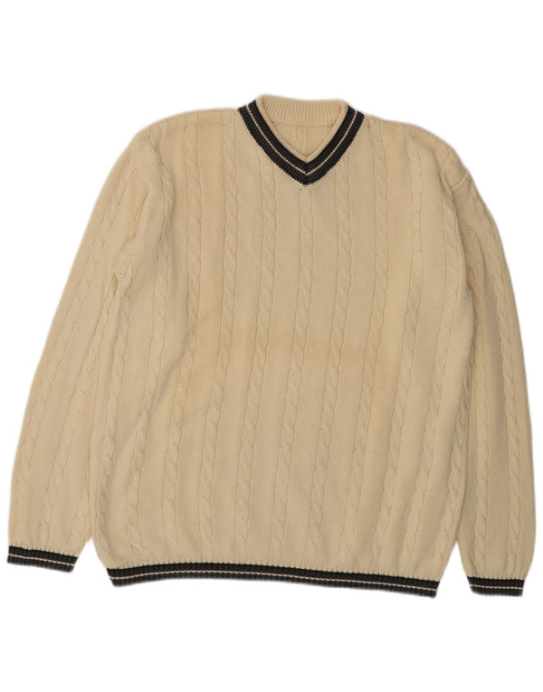Maglione vintage da uomo con scollo a V, grande cotone beige