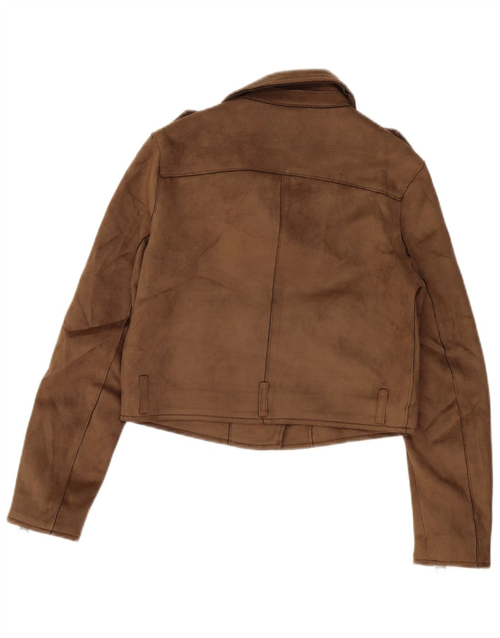 Giacca da motociclista corta in ecopelle ZARA da donna UK 10 piccola marrone poliestere