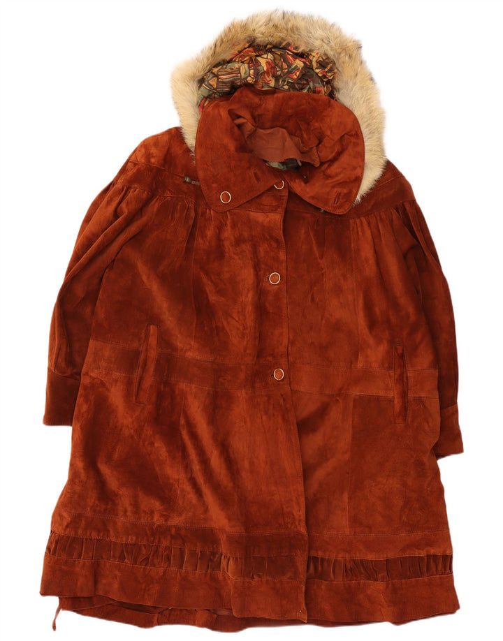 Soprabito vintage da donna oversize in pelle scamosciata con cappuccio UK 14 in pelle marrone medio